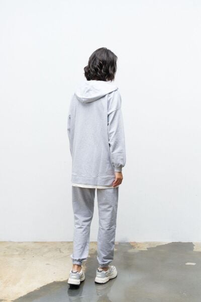 Text Kapüşonlu Basic Oversize Gri Alt Üst Eşofman Takımı