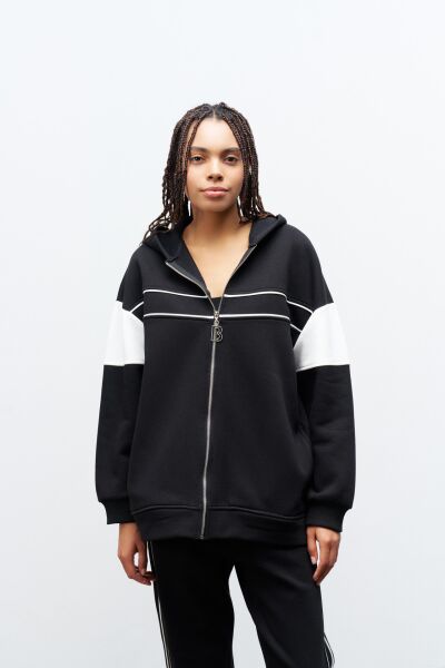 Siyah Kadın Fermuarlı Çizgi Biye Detaylı Kapüşonlu İçi Polarlı Alt Üst Takım