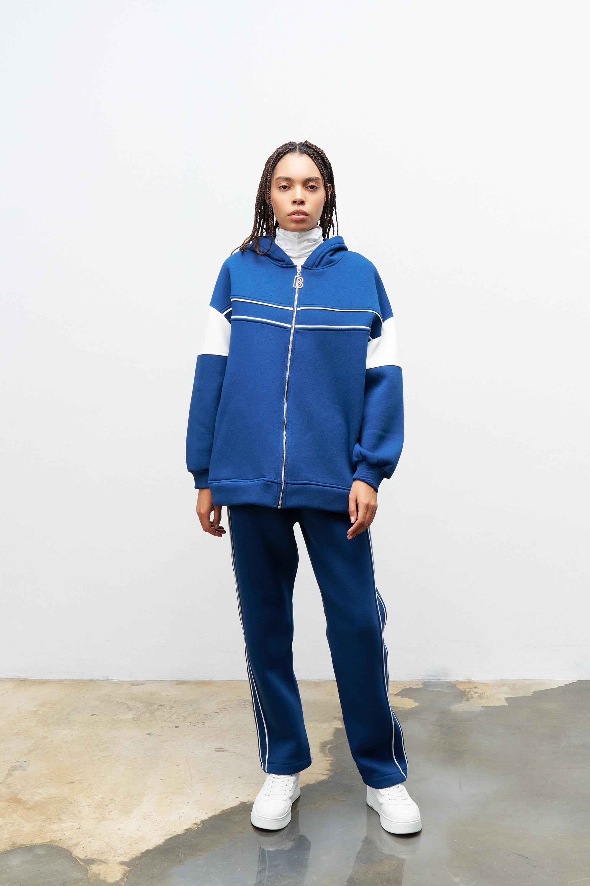 Lacivert Kadın Fermuarlı Çizgi Biye Detaylı Kapüşonlu İçi Polarlı Alt Üst Takım