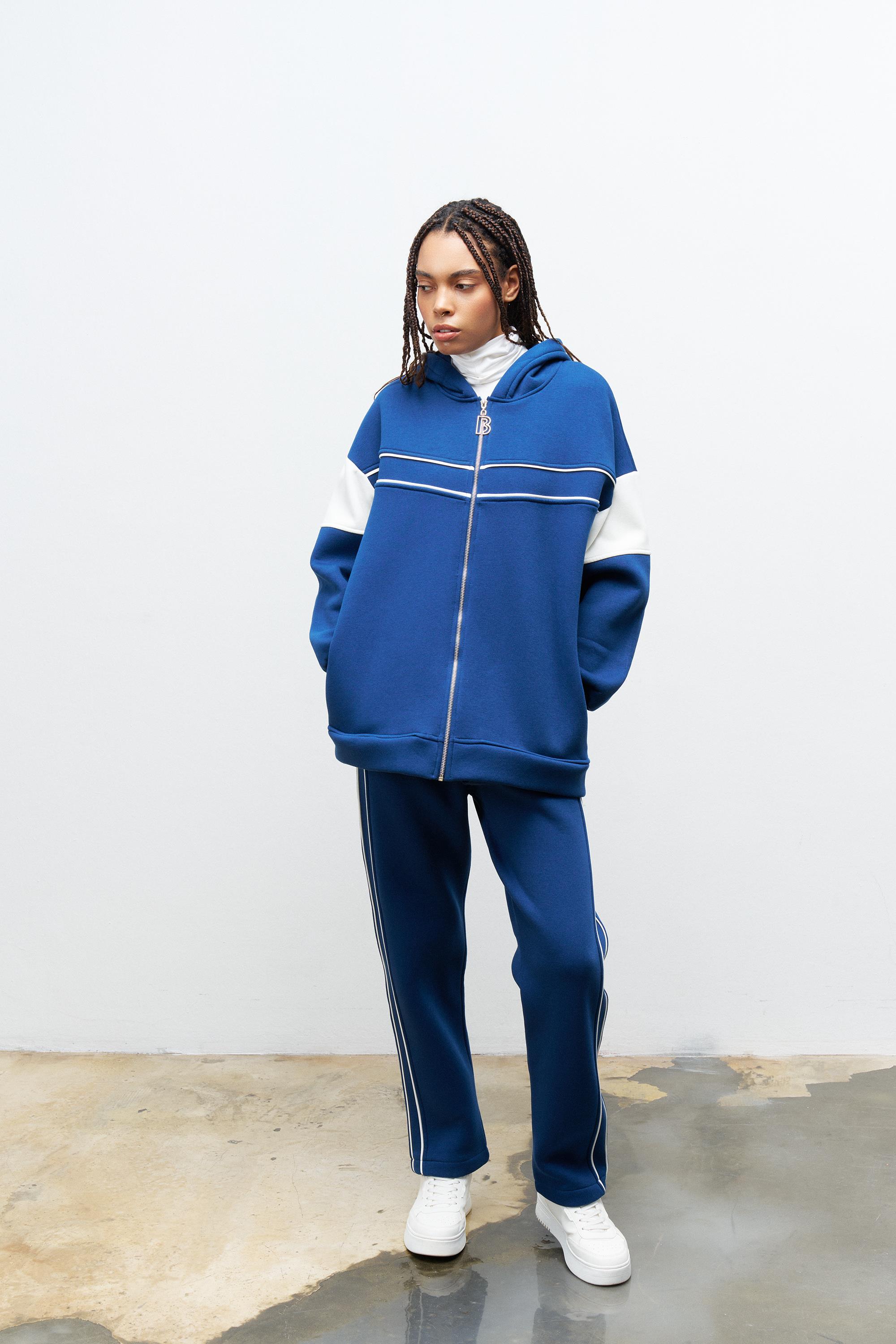 Lacivert Kadın Fermuarlı Çizgi Biye Detaylı Kapüşonlu İçi Polarlı Alt Üst Takım