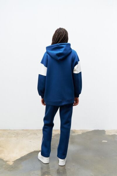 Lacivert Kadın Fermuarlı Çizgi Biye Detaylı Kapüşonlu İçi Polarlı Alt Üst Takım