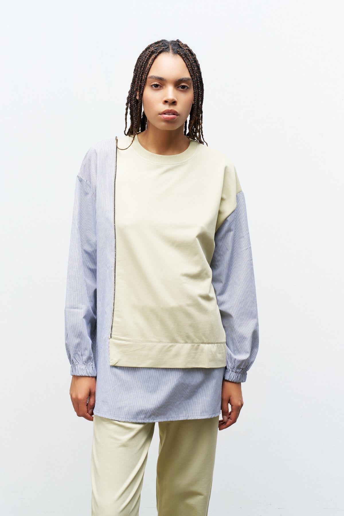 AÇIK HAKİ Kadın Üst Dokumalı Taş Şerit Detaylı Pamuklu Örme Alt Üst Takım