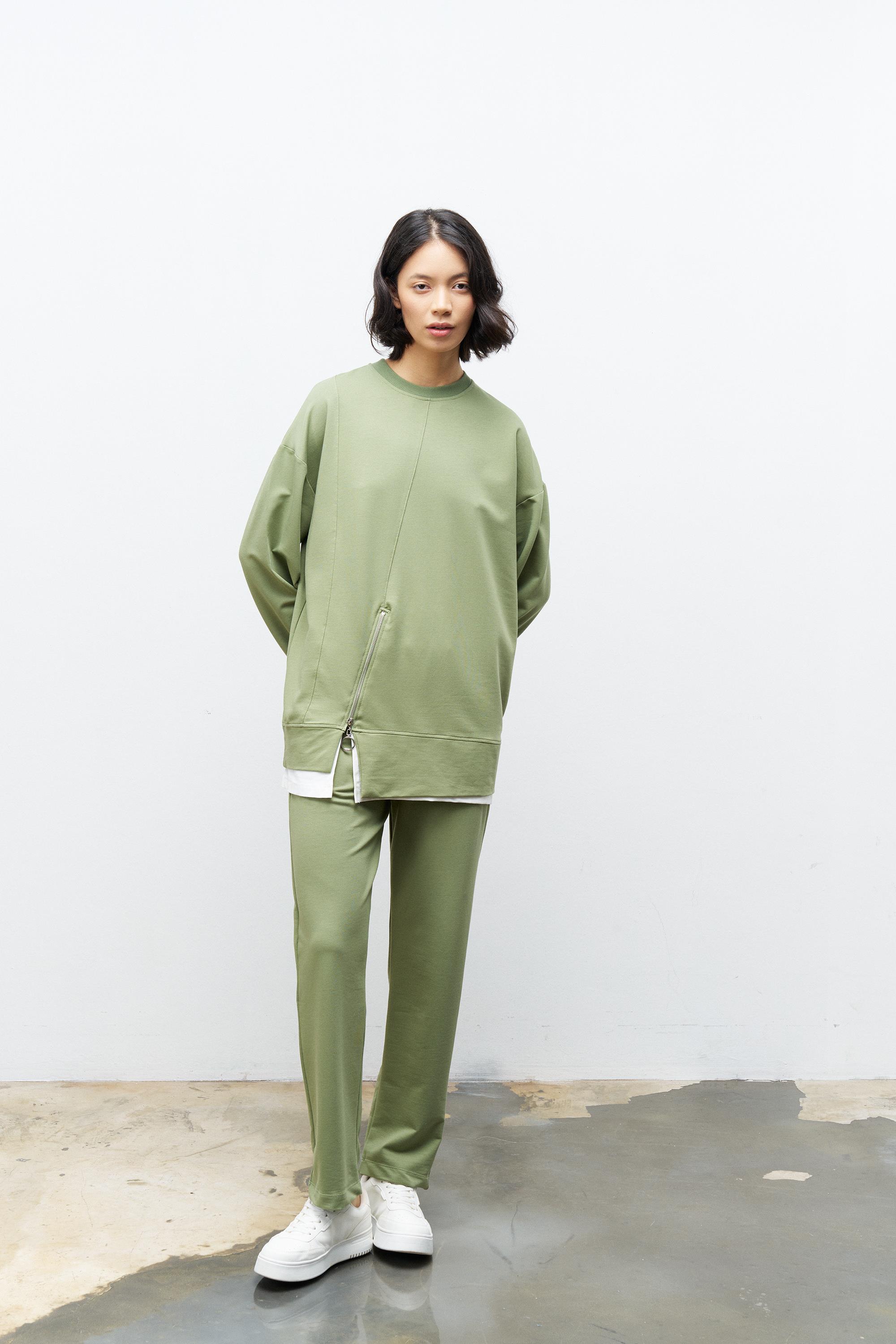 Koyu Haki Kadın Eteği Süprem Fermuar Detaylı Bel Lastikli Pamuklu Örme Alt Üst Takım