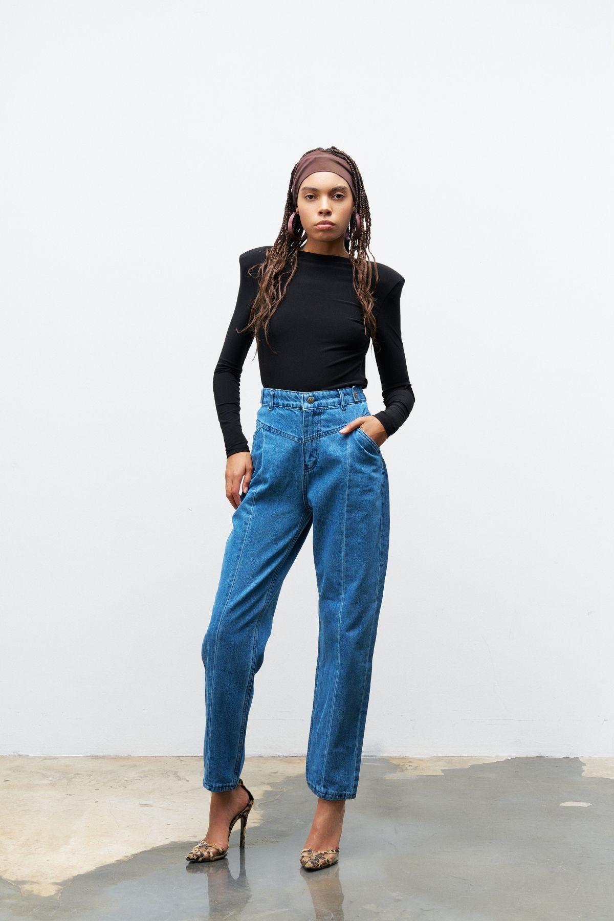 Mavi nervür Dikişli %100 Cotton Denim Pantolon