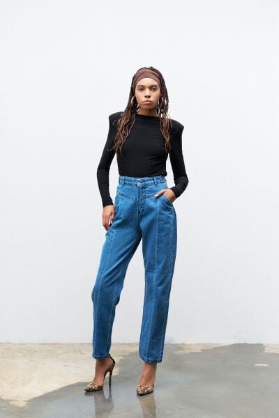 Mavi nervür Dikişli %100 Cotton Denim Pantolon