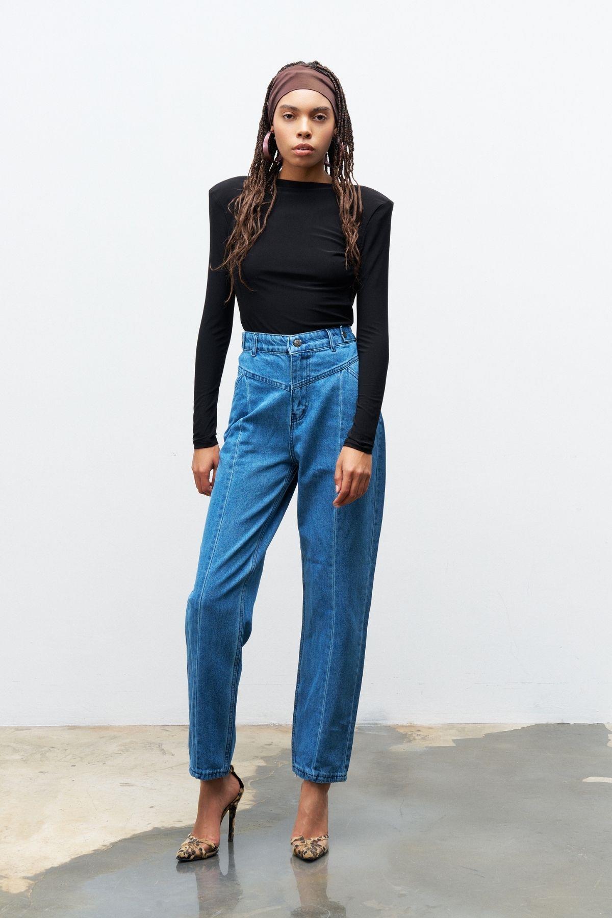 Mavi nervür Dikişli %100 Cotton Denim Pantolon