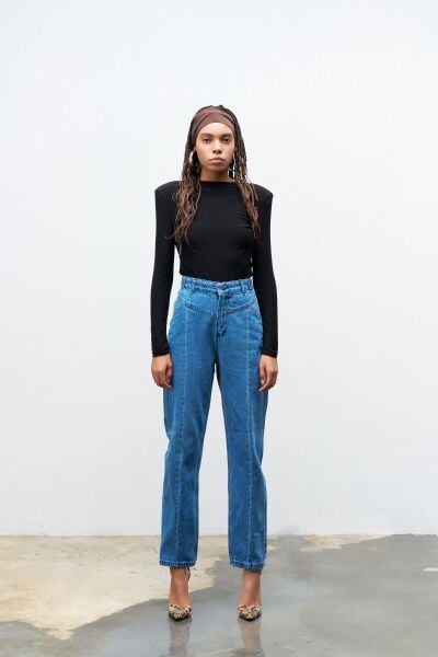 Mavi nervür Dikişli %100 Cotton Denim Pantolon