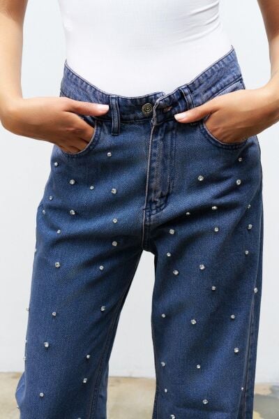 Mavi Önü Taş Detaylı %100 Cotton Wide Leg Denim
