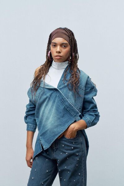 Mavi Önü Taş Detaylı %100 Cotton Wide Leg Denim