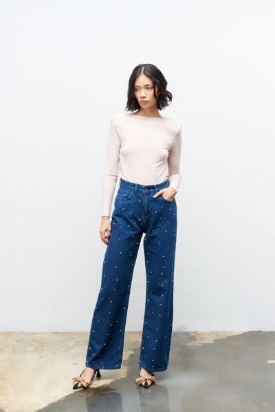 Koyu Mavi Önü Taş Detaylı %100 Cotton Wide Leg Denim