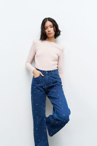 Koyu Mavi Önü Taş Detaylı %100 Cotton Wide Leg Denim