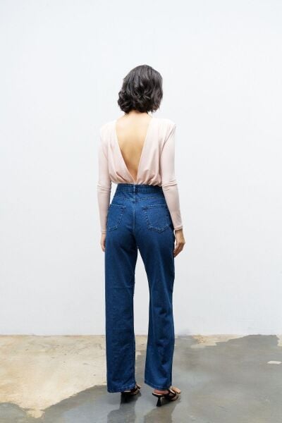 Koyu Mavi Önü Taş Detaylı %100 Cotton Wide Leg Denim