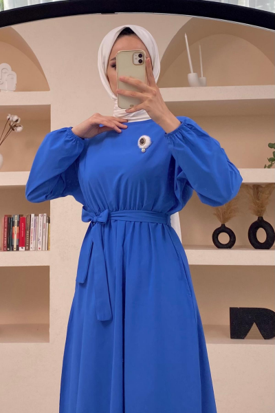 Oranje Broşlu ve Cepli Dokuma Saks Elbise