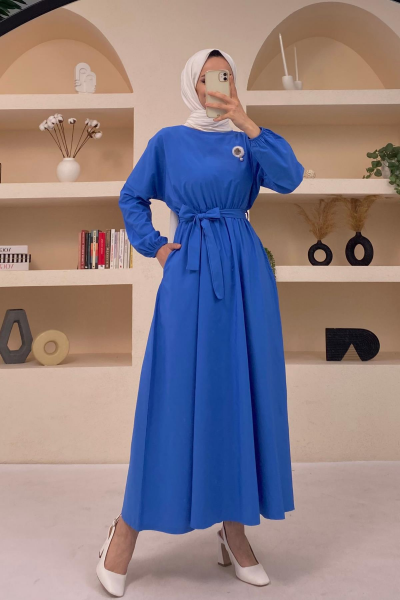 Oranje Broşlu ve Cepli Dokuma Saks Elbise