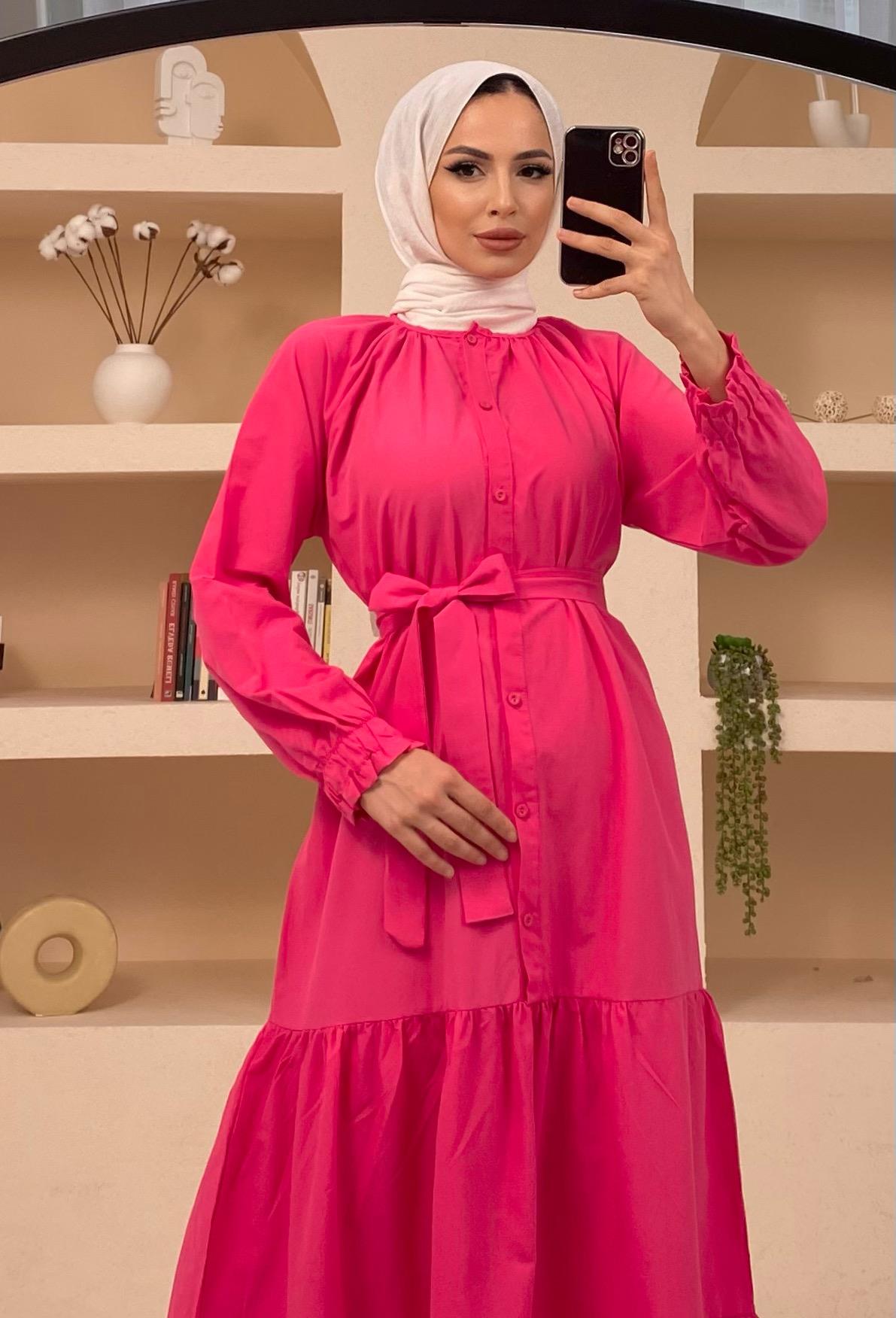 Poplin Kuşaklı Etek Fırfır Detaylı Fuşya Elbise