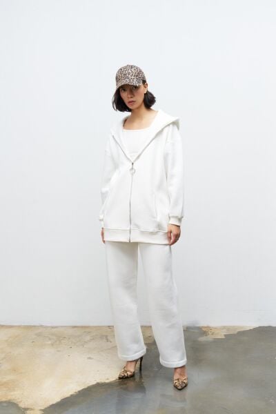 Ekru Kadın Fermuar Detaylu Atlet-Alt-Üst 3'lü İçi Polarlı Şardonlu Takım