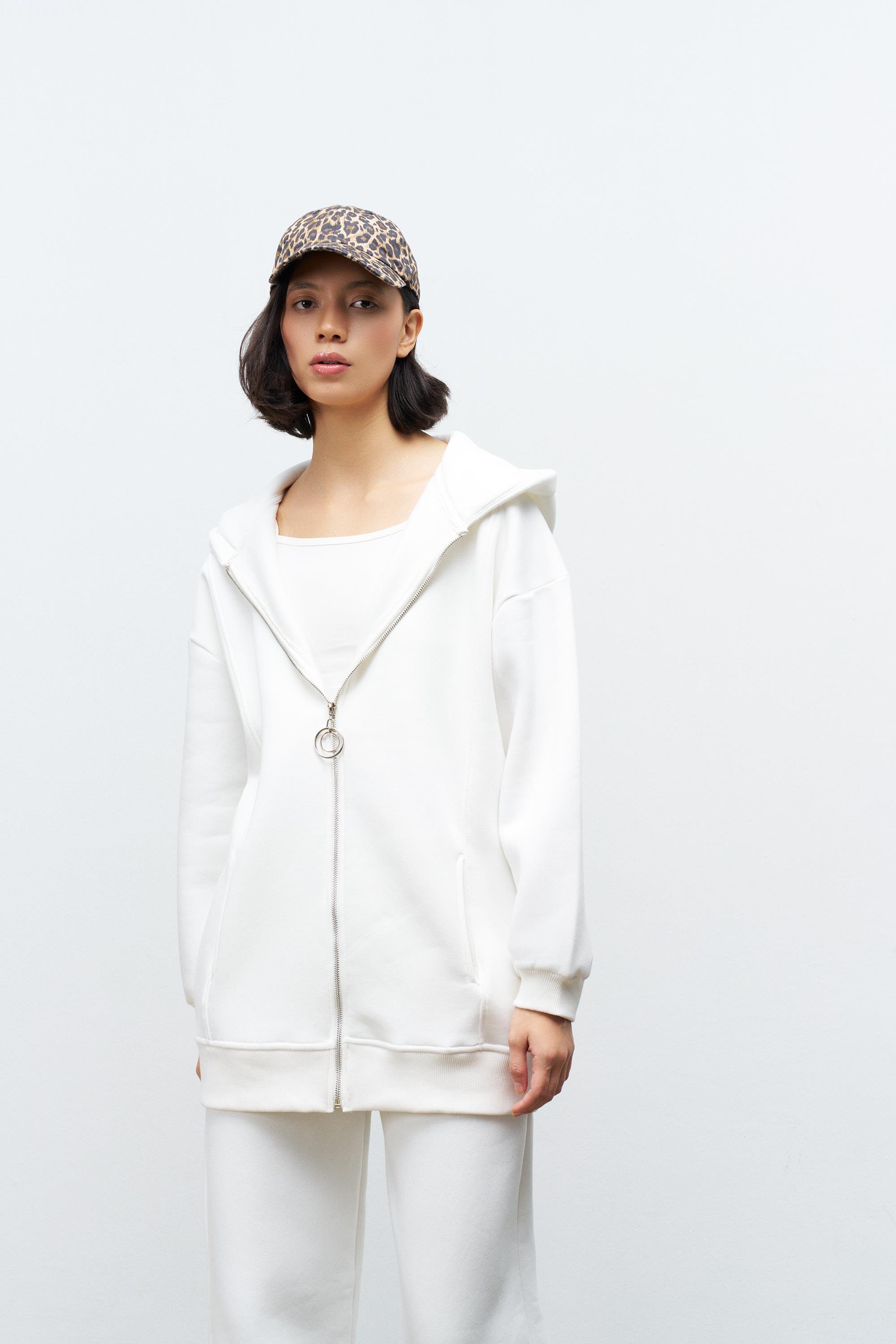 Ekru Kadın Fermuar Detaylu Atlet-Alt-Üst 3'lü İçi Polarlı Şardonlu Takım