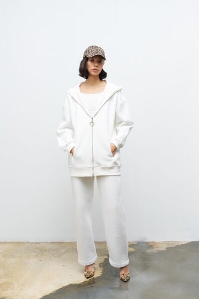 Ekru Kadın Fermuar Detaylu Atlet-Alt-Üst 3'lü İçi Polarlı Şardonlu Takım