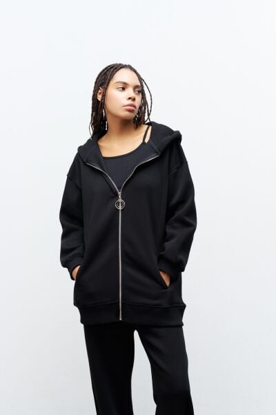 Siyah Kadın Fermuar Detaylu Atlet-Alt-Üst 3'lü İçi Polarlı Şardonlu Takım