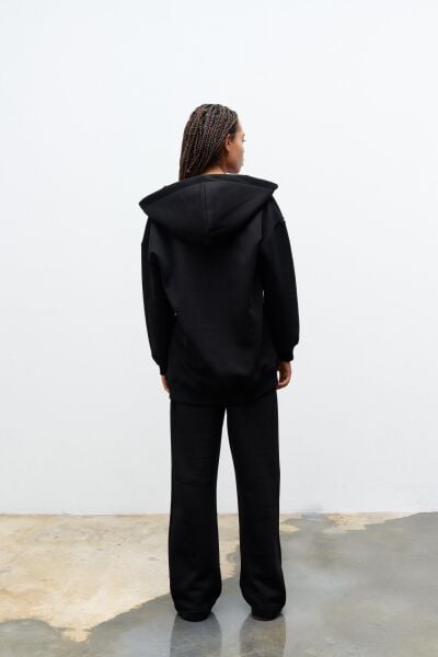 Siyah Kadın Fermuar Detaylu Atlet-Alt-Üst 3'lü İçi Polarlı Şardonlu Takım