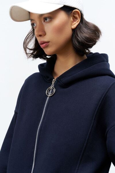 Lacivert Kadın Fermuar Detaylu Atlet-Alt-Üst 3'lü İçi Polarlı Şardonlu Takım