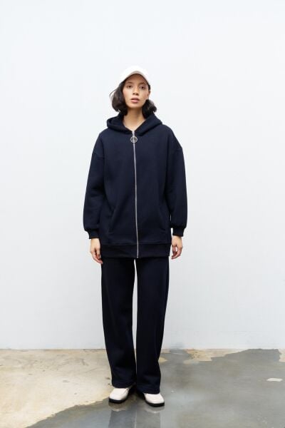 Lacivert Kadın Fermuar Detaylu Atlet-Alt-Üst 3'lü İçi Polarlı Şardonlu Takım