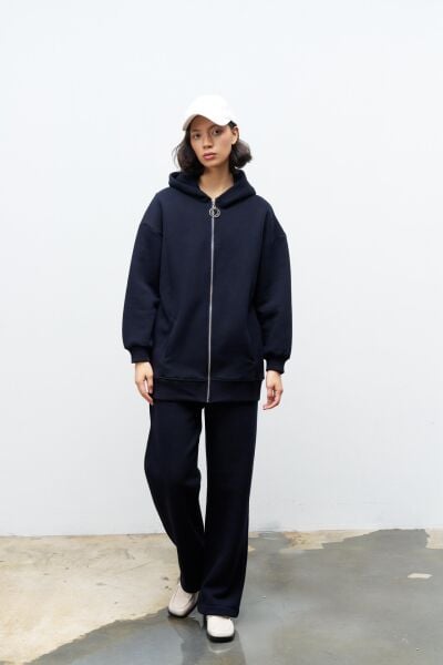 Lacivert Kadın Fermuar Detaylu Atlet-Alt-Üst 3'lü İçi Polarlı Şardonlu Takım