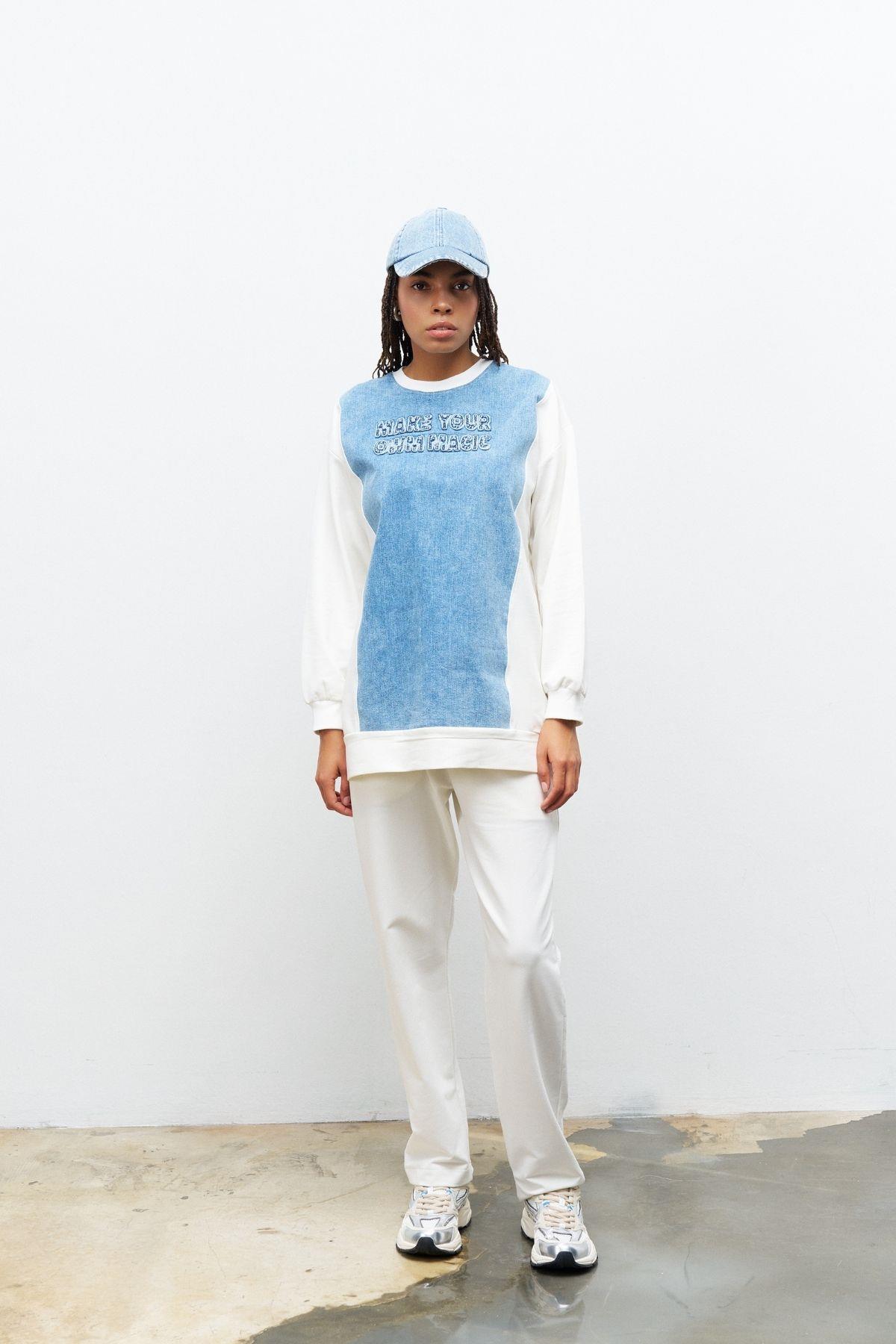 Ekru Kadın Denim Üzeri Nakış İşlemeli Bisiklet Yaka Sweatshirt  Dar Paça Pantolon Pamuklu Örme Alt Üst Takım