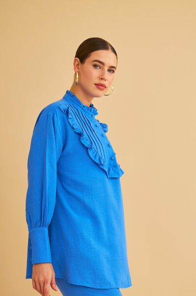 Jade Süs Dikişli ve Düğmeli Fırfır Yaka Keten Mavi Tunik Pantolon Takım