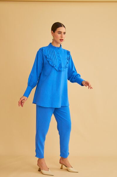 Jade Süs Dikişli ve Düğmeli Fırfır Yaka Keten Mavi Tunik Pantolon Takım