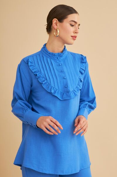 Jade Süs Dikişli ve Düğmeli Fırfır Yaka Keten Mavi Tunik Pantolon Takım