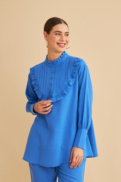 Jade Süs Dikişli ve Düğmeli Fırfır Yaka Keten Mavi Tunik Pantolon Takım