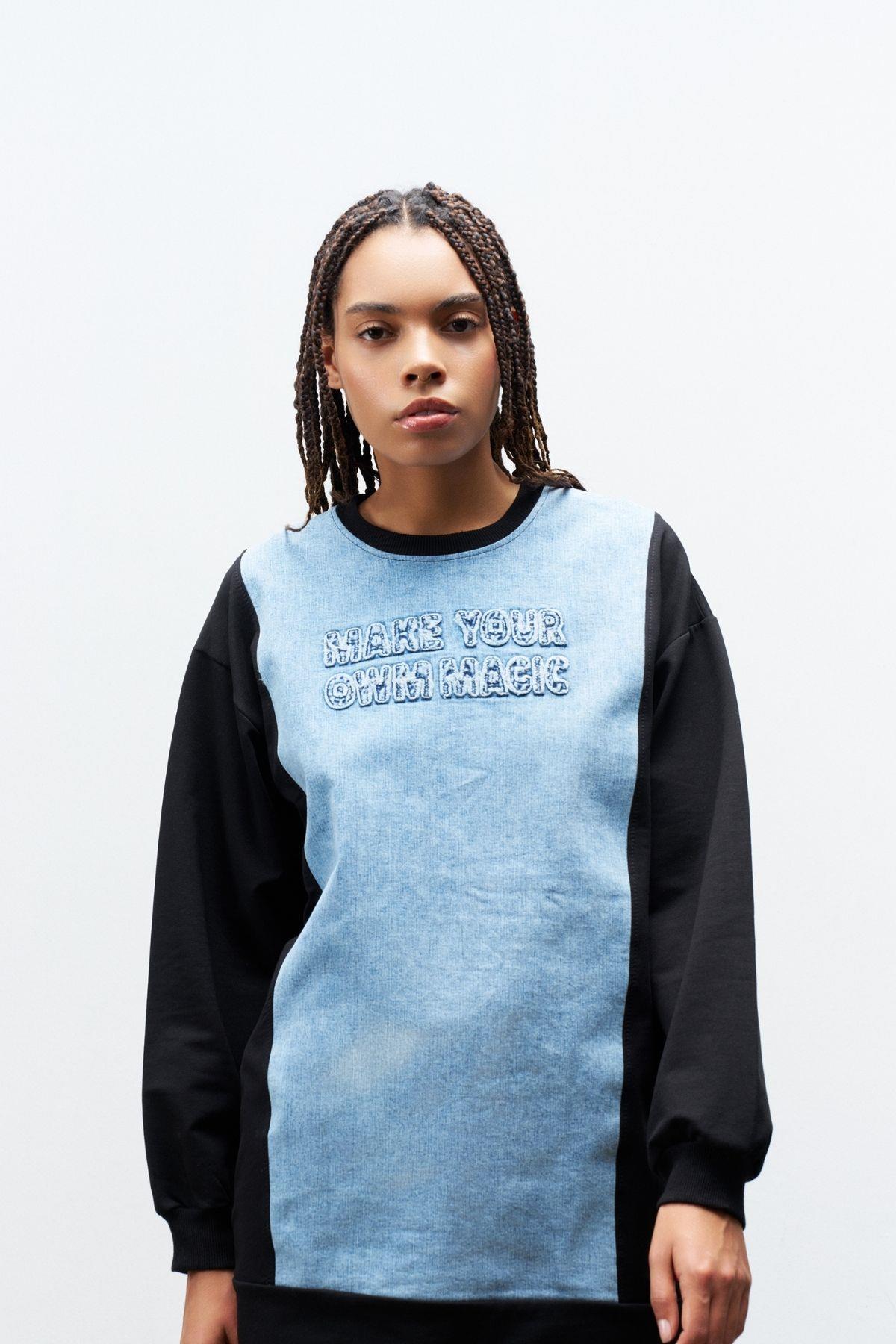 Siyah Kadın Denim Üzeri Nakış İşlemeli Bisiklet Yaka Sweatshirt  Dar Paça Pantolon Pamuklu Örme Alt Üst Takım