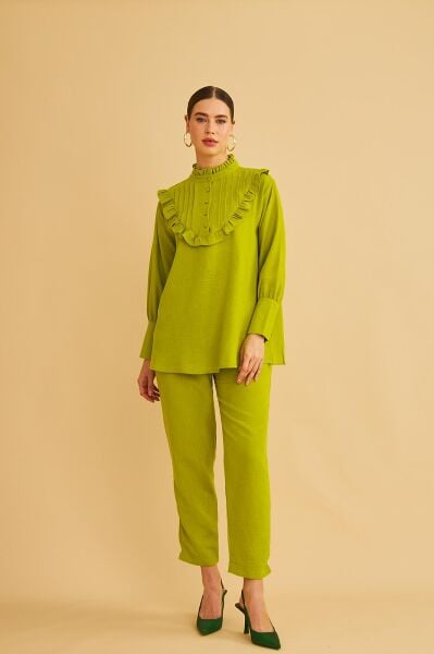 Jade Süs Dikişli ve Düğmeli Fırfır Yaka Keten Olive Tunik Pantolon Takım