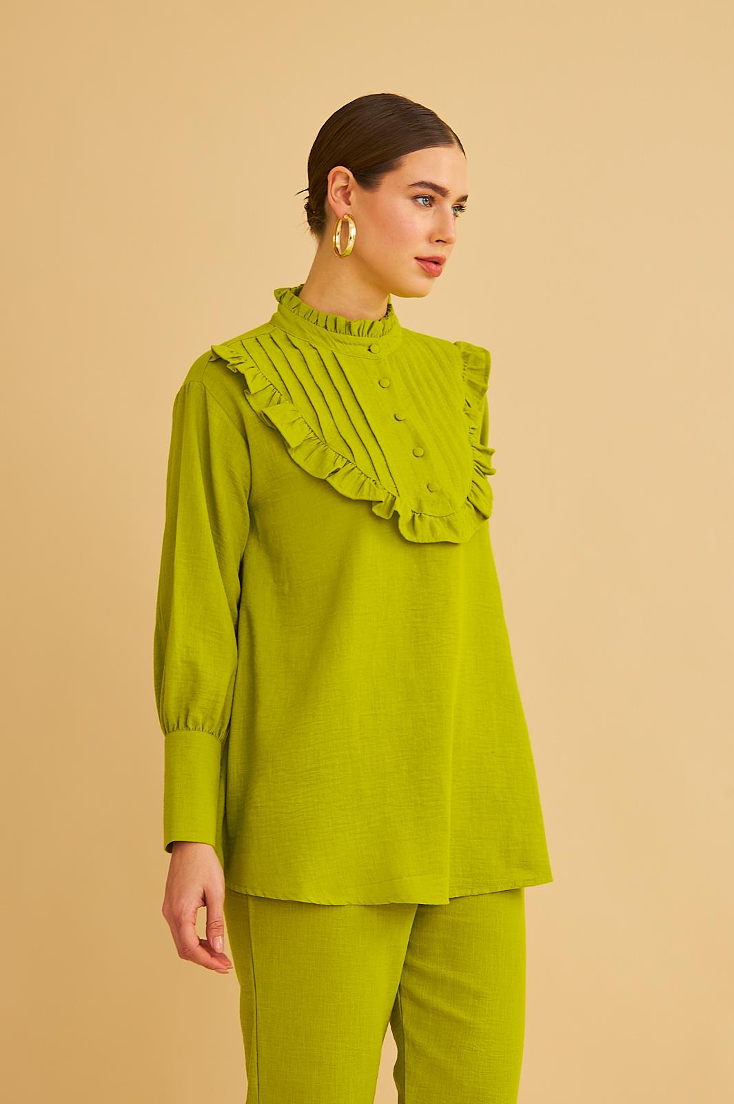 Jade Süs Dikişli ve Düğmeli Fırfır Yaka Keten Olive Tunik Pantolon Takım