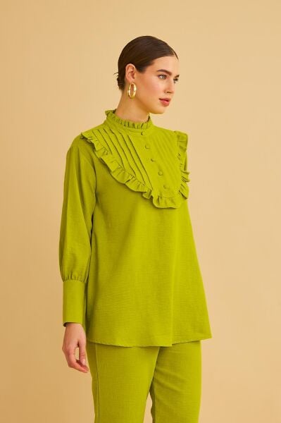 Jade Süs Dikişli ve Düğmeli Fırfır Yaka Keten Olive Tunik Pantolon Takım