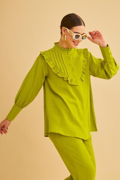 Jade Süs Dikişli ve Düğmeli Fırfır Yaka Keten Olive Tunik Pantolon Takım