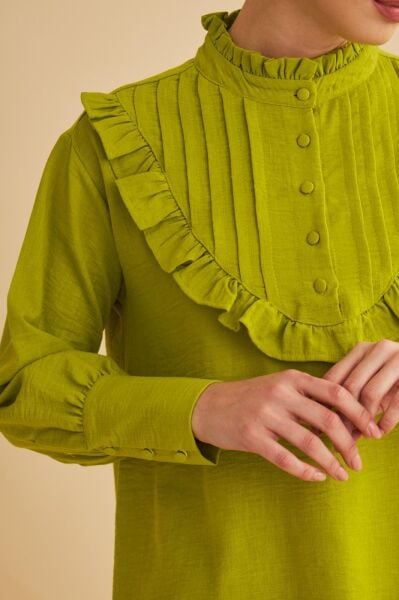 Jade Süs Dikişli ve Düğmeli Fırfır Yaka Keten Olive Tunik Pantolon Takım