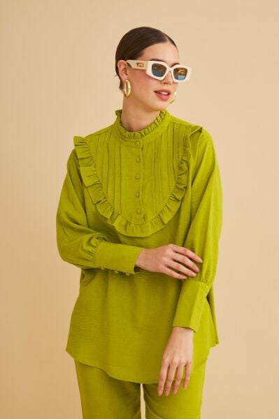 Jade Süs Dikişli ve Düğmeli Fırfır Yaka Keten Olive Tunik Pantolon Takım