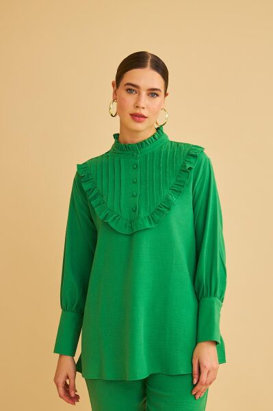 Jade Süs Dikişli ve Düğmeli Fırfır Yaka Keten Yeşil Tunik Pantolon Takım