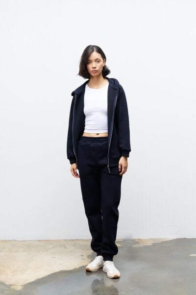 Lacivert Kadın Cep Etiket Detaylı  Kapüşonlu İçi Polarlı Alt Üst Takım