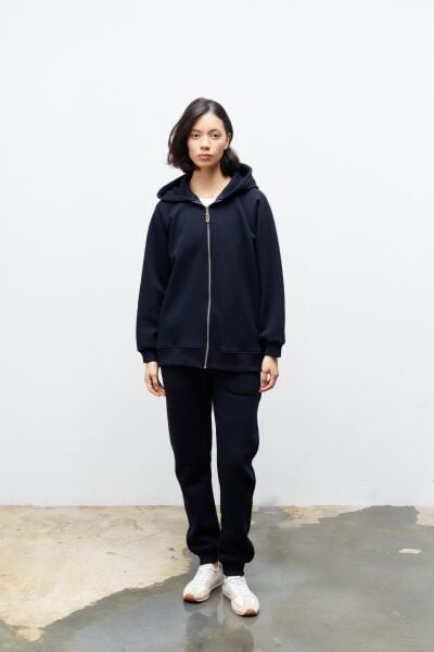 Lacivert Kadın Cep Etiket Detaylı  Kapüşonlu İçi Polarlı Alt Üst Takım