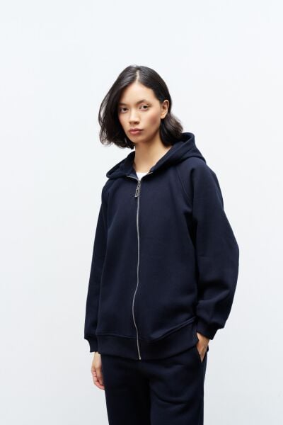 Lacivert Kadın Cep Etiket Detaylı  Kapüşonlu İçi Polarlı Alt Üst Takım