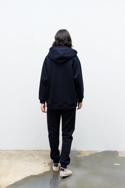 Lacivert Kadın Cep Etiket Detaylı  Kapüşonlu İçi Polarlı Alt Üst Takım