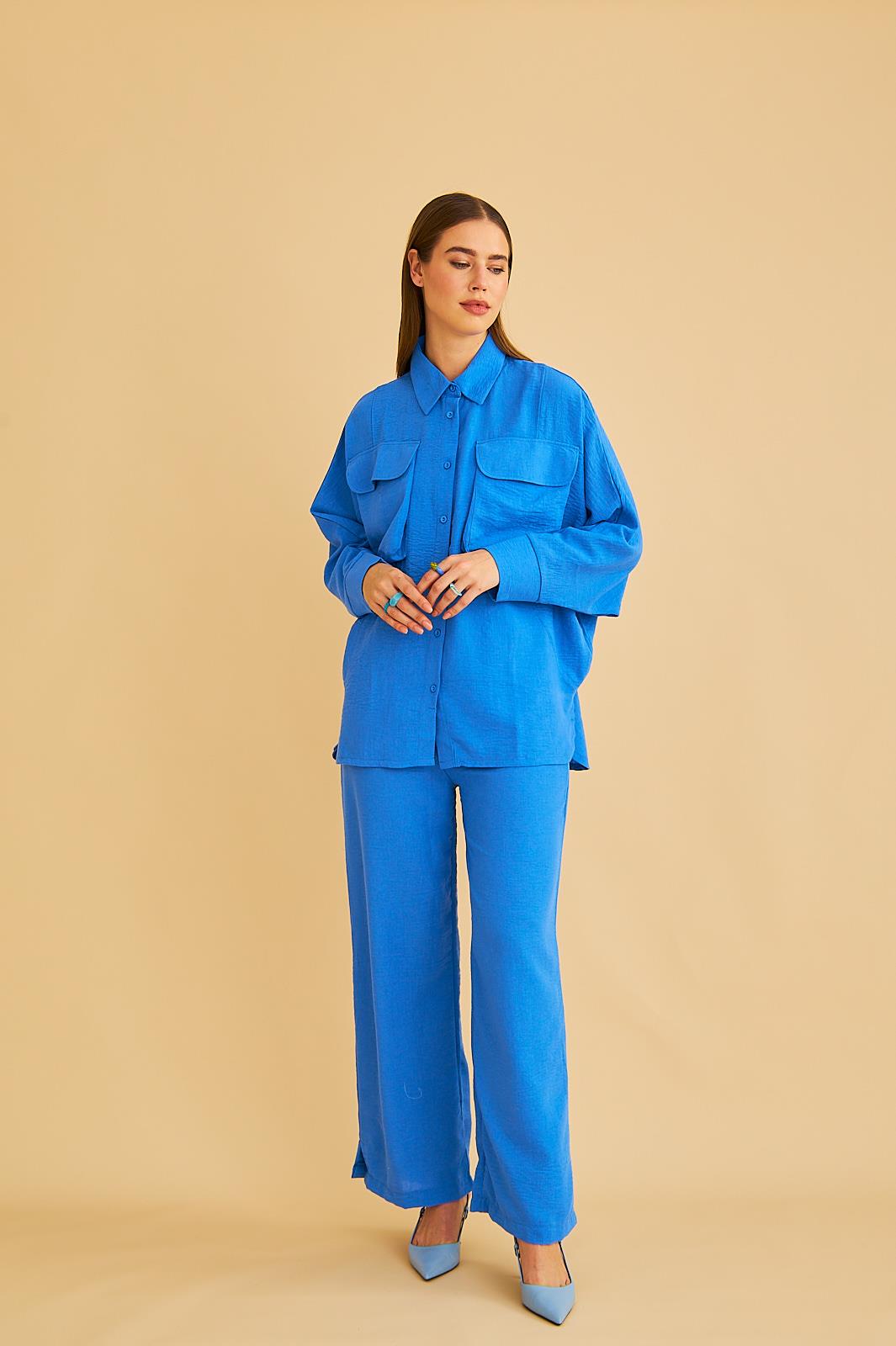 Meva Cepli Yarasa Kol Keten Mavi Gömlek Pantolon Takım