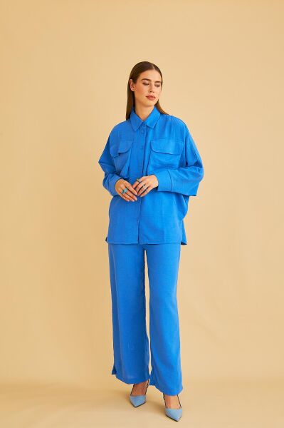 Meva Cepli Yarasa Kol Keten Mavi Gömlek Pantolon Takım