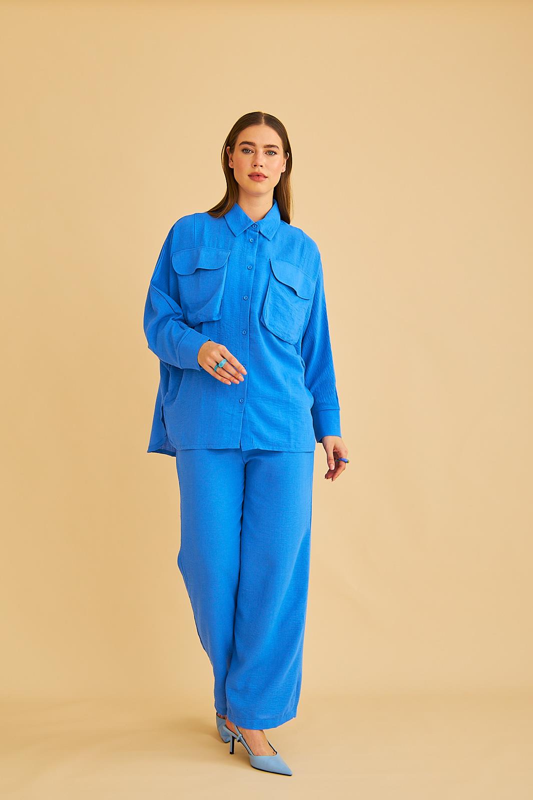 Meva Cepli Yarasa Kol Keten Mavi Gömlek Pantolon Takım