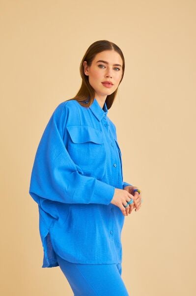 Meva Cepli Yarasa Kol Keten Mavi Gömlek Pantolon Takım