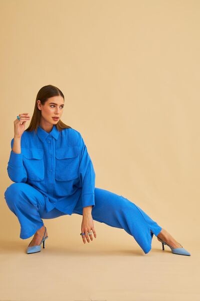 Meva Cepli Yarasa Kol Keten Mavi Gömlek Pantolon Takım