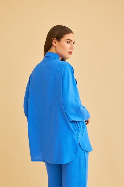 Meva Cepli Yarasa Kol Keten Mavi Gömlek Pantolon Takım